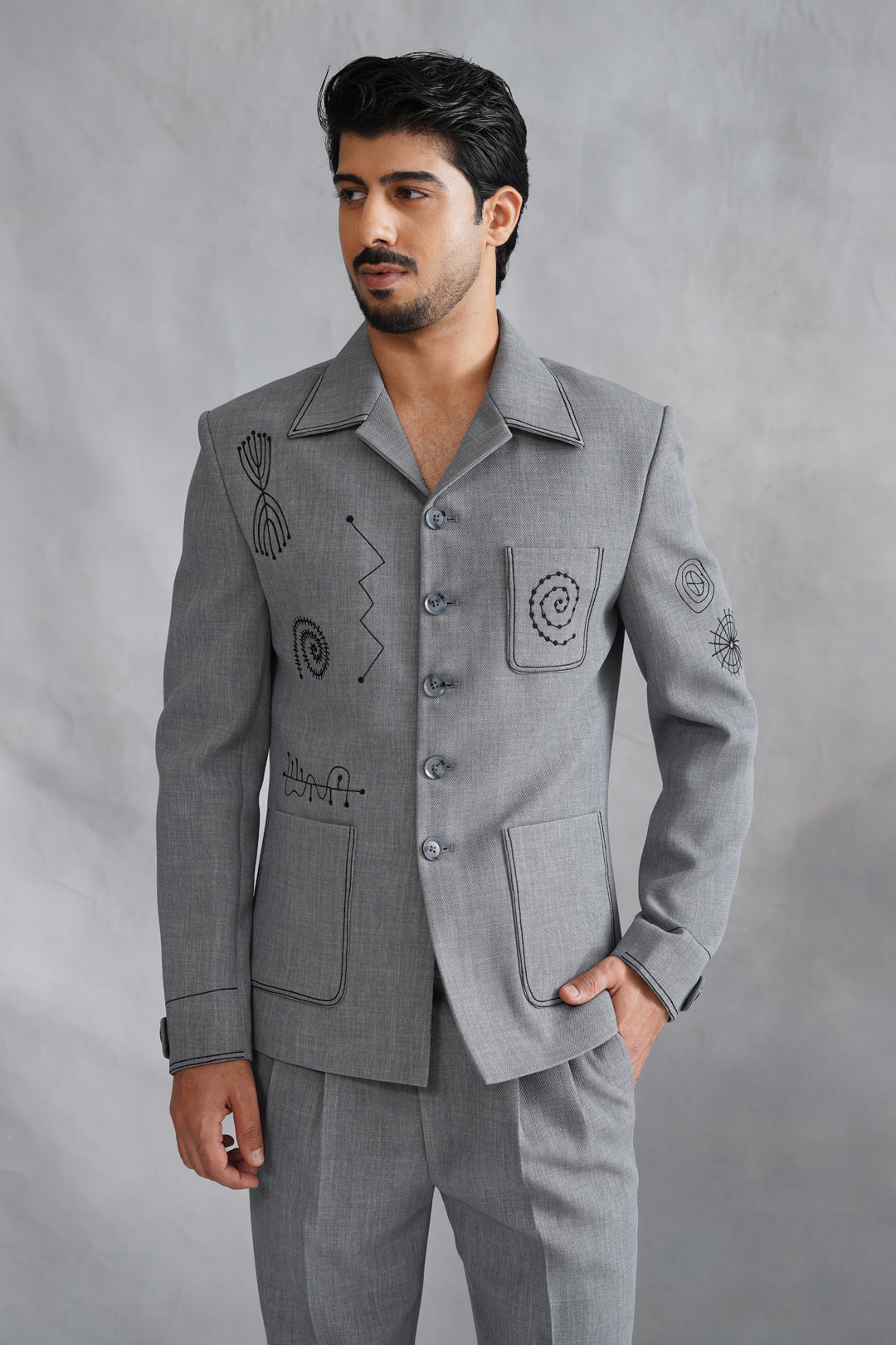 Grey Thread Embroidered Jacket Set
