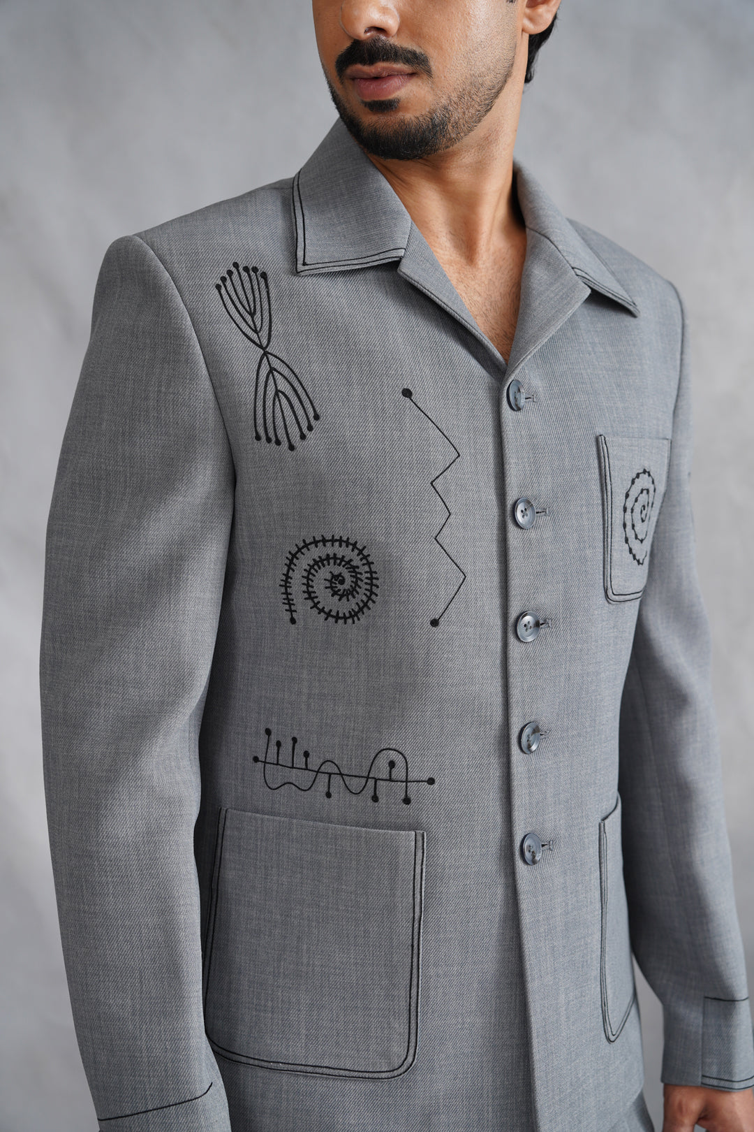 Grey Thread Embroidered Jacket Set
