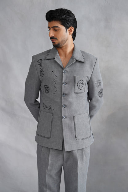 Grey Thread Embroidered Jacket Set
