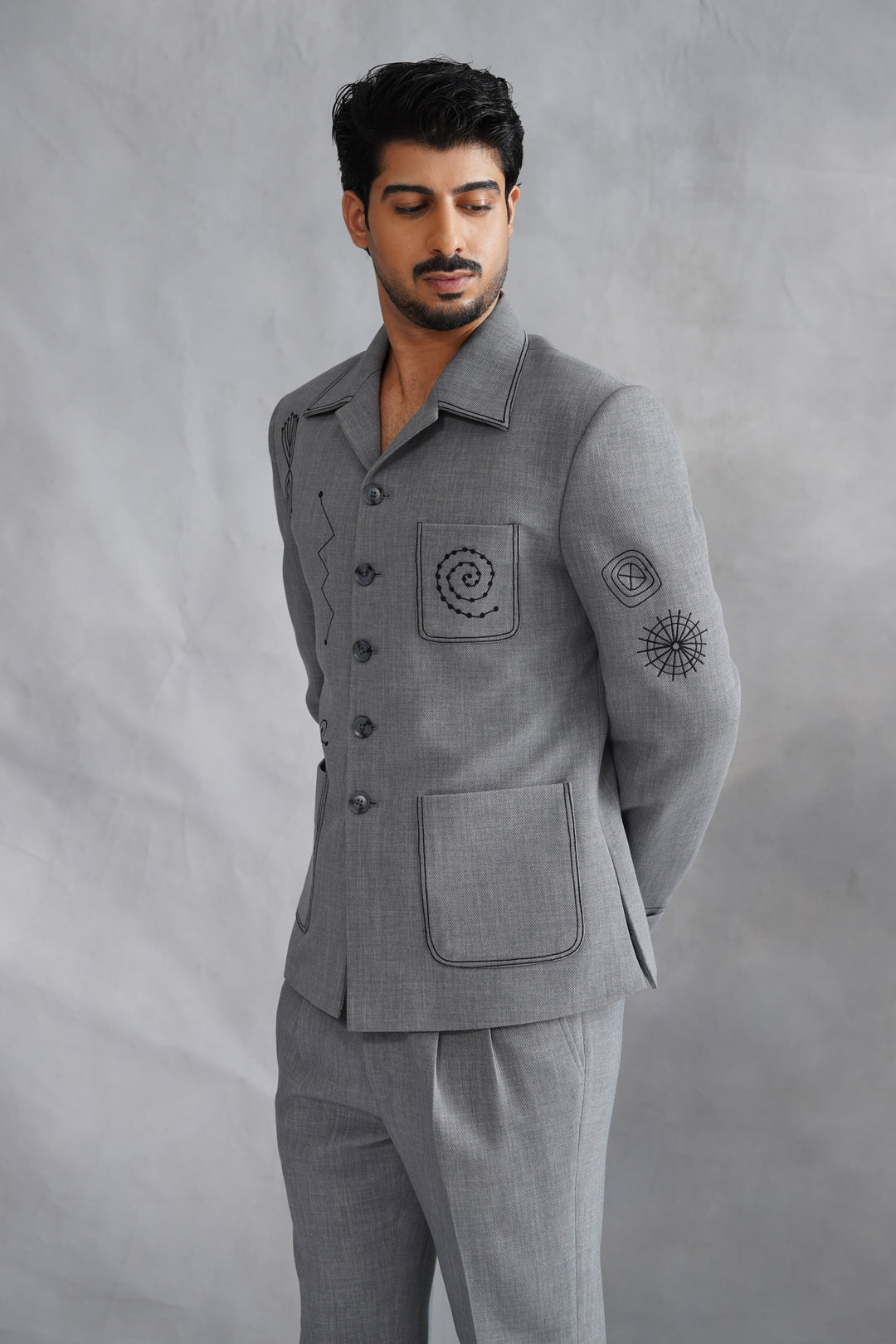 Grey Thread Embroidered Jacket Set