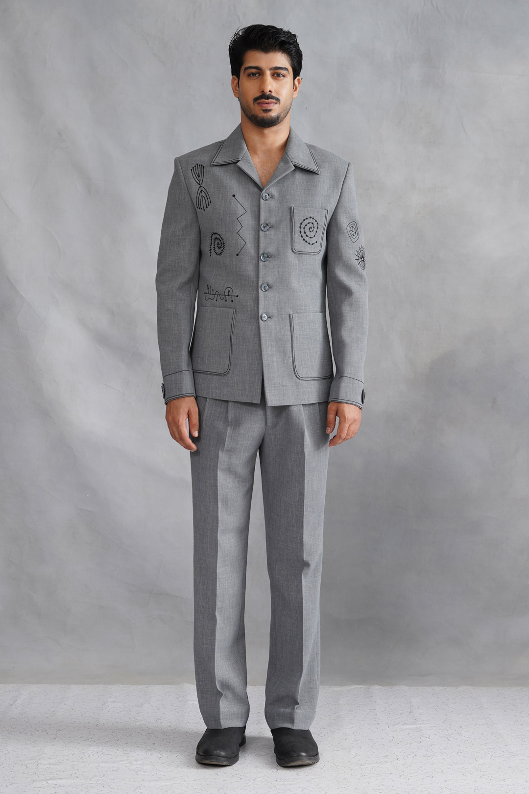 Grey Thread Embroidered Jacket Set