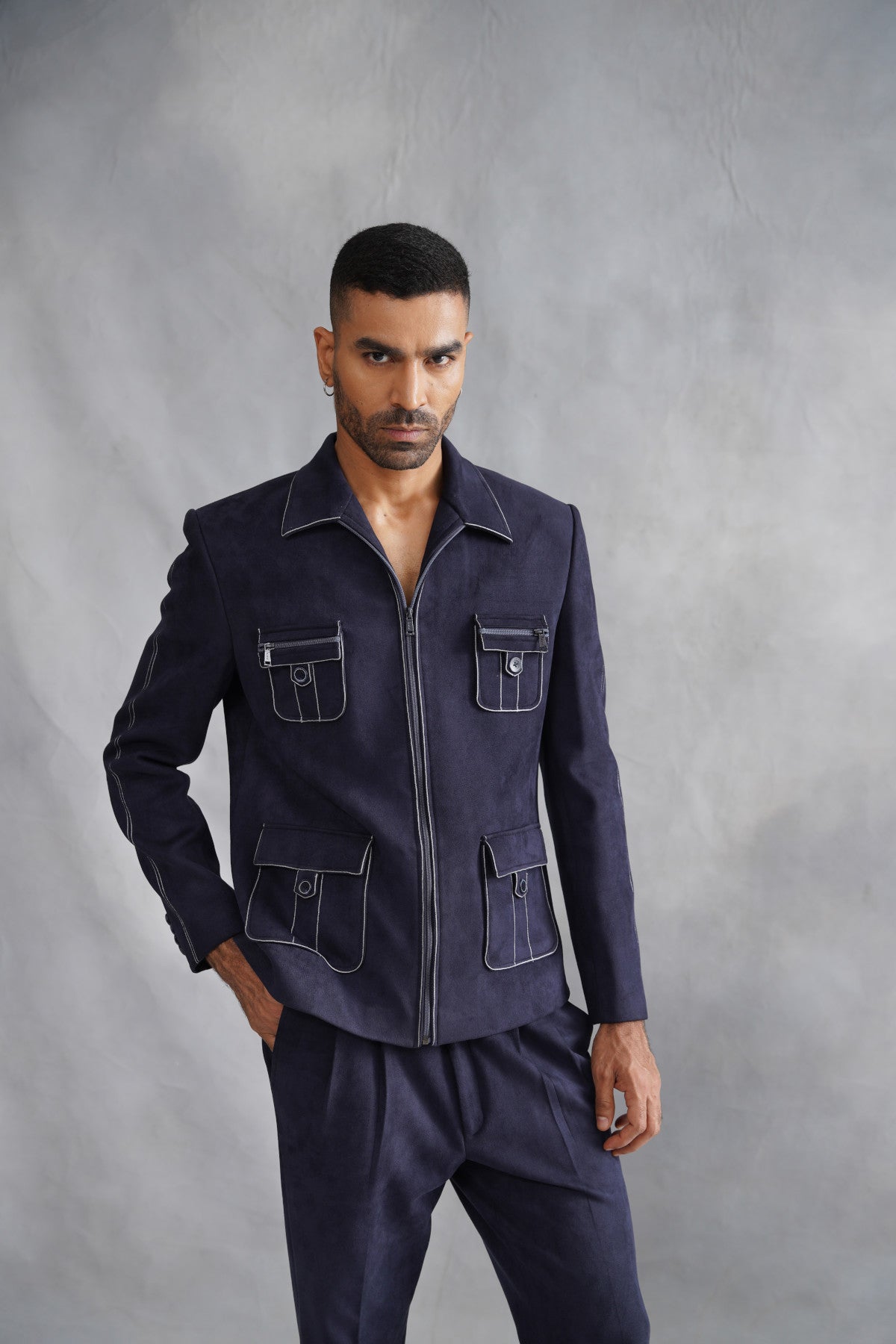 Navy Blue Zip-Up Utility Jacket Set with Contrast Stitching