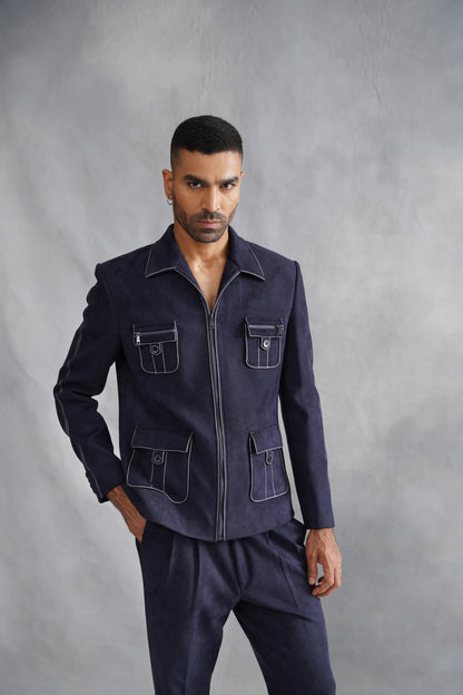 Navy Blue Zip-Up Utility Jacket Set with Contrast Stitching
