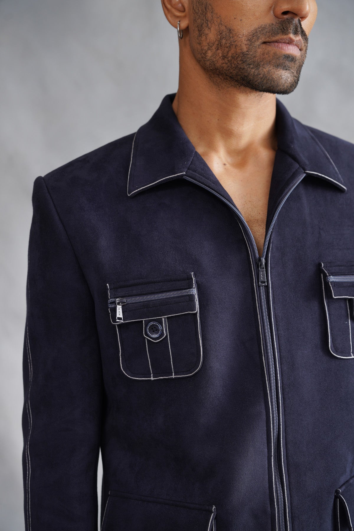 Navy Blue Zip-Up Utility Jacket Set with Contrast Stitching