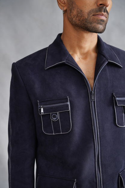 Navy Blue Zip-Up Utility Jacket Set with Contrast Stitching