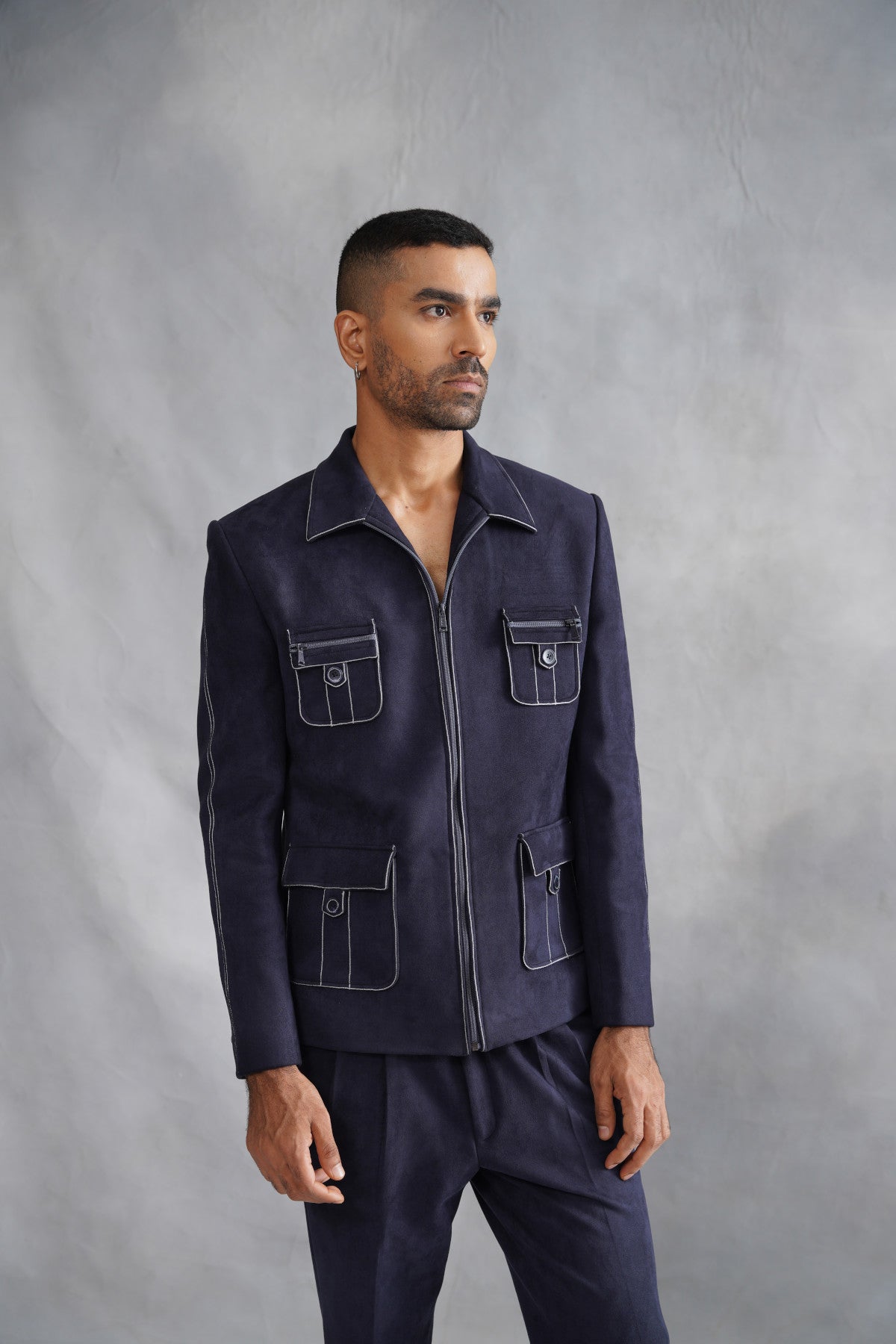 Navy Blue Zip-Up Utility Jacket Set with Contrast Stitching