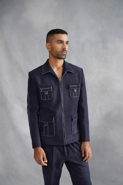 Navy Blue Zip-Up Utility Jacket Set with Contrast Stitching