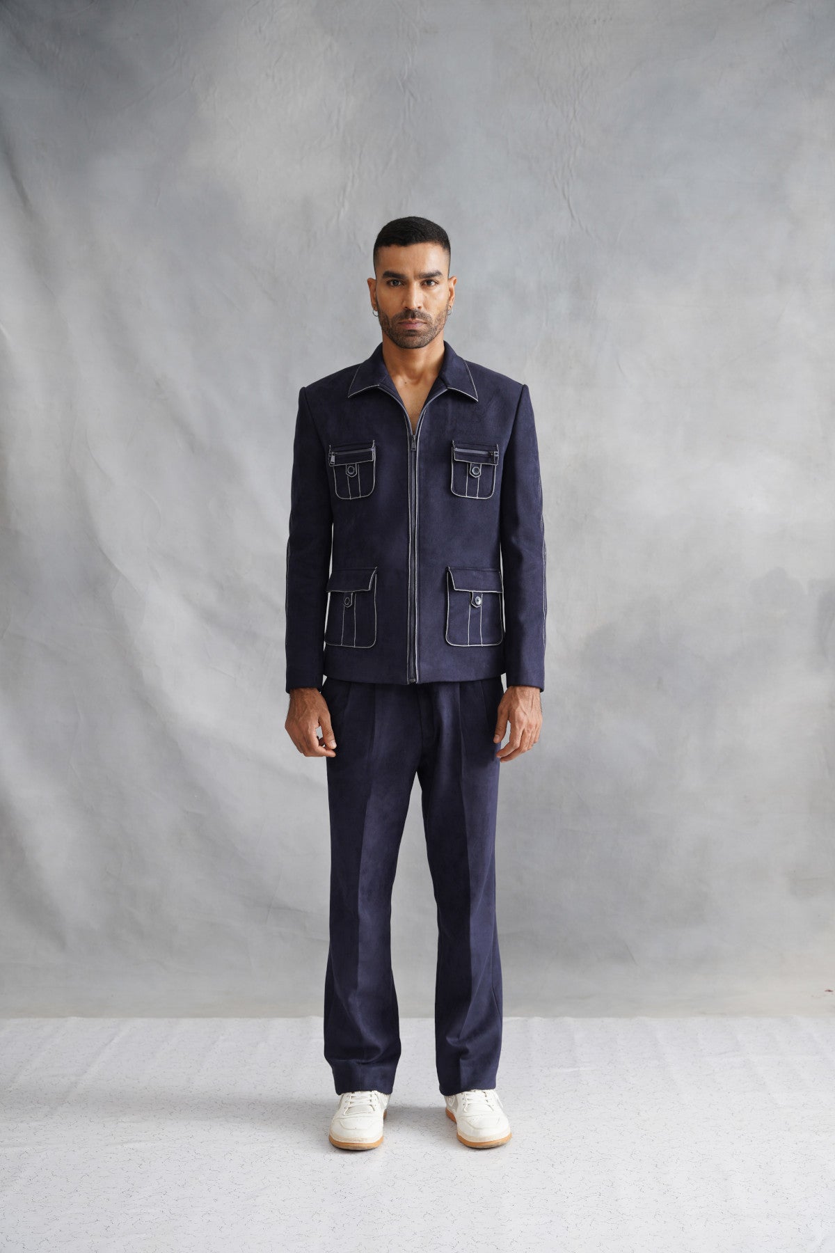 Navy Blue Zip-Up Utility Jacket Set with Contrast Stitching