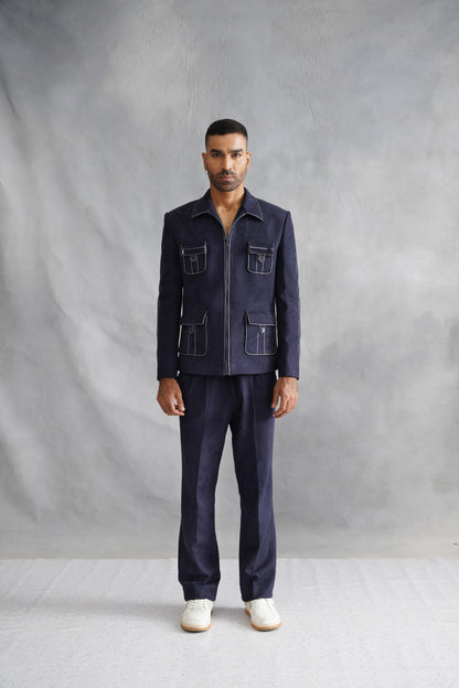 Navy Blue Zip-Up Utility Jacket Set with Contrast Stitching