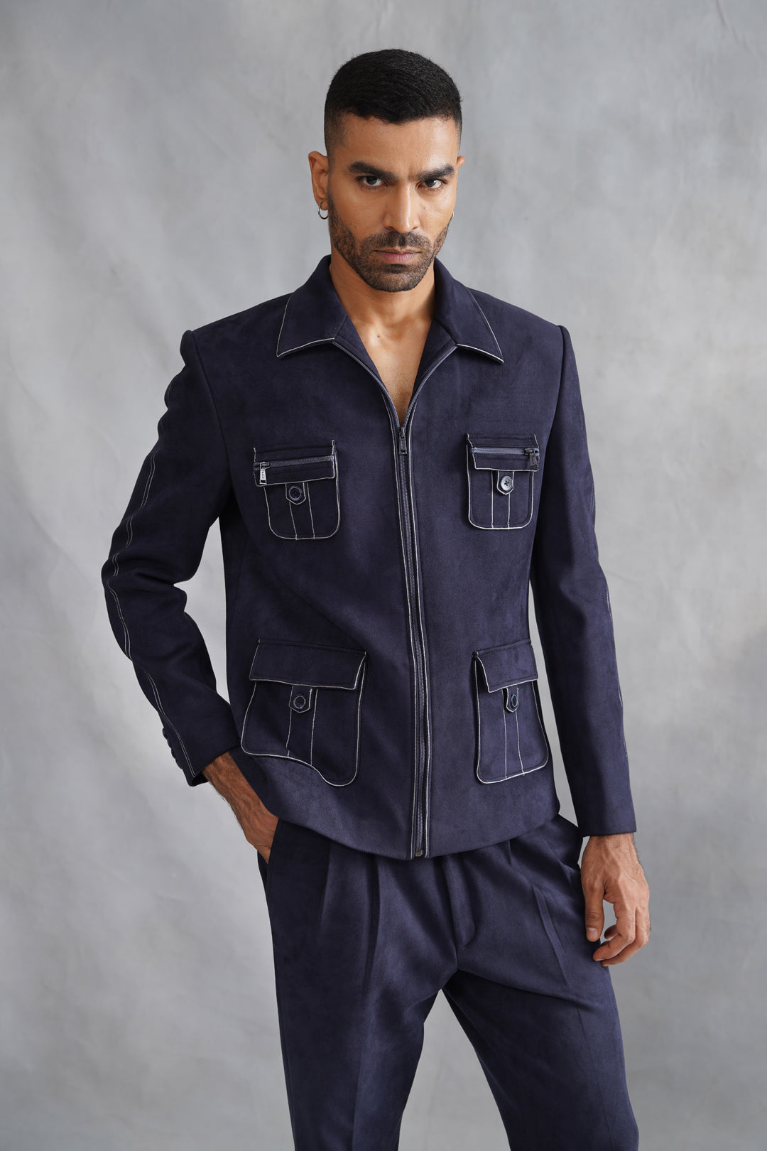 Blue Thread Embroidered Jacket Set