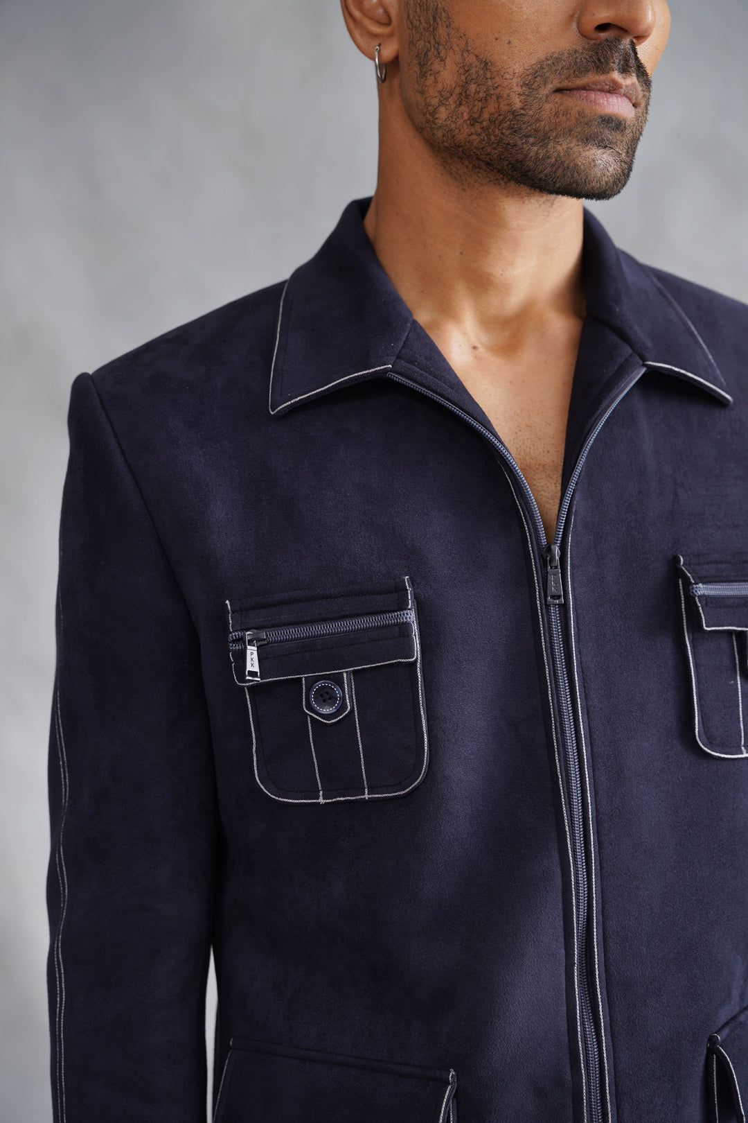 Blue Thread Embroidered Jacket Set