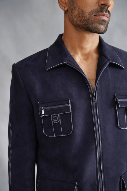 Blue Thread Embroidered Jacket Set