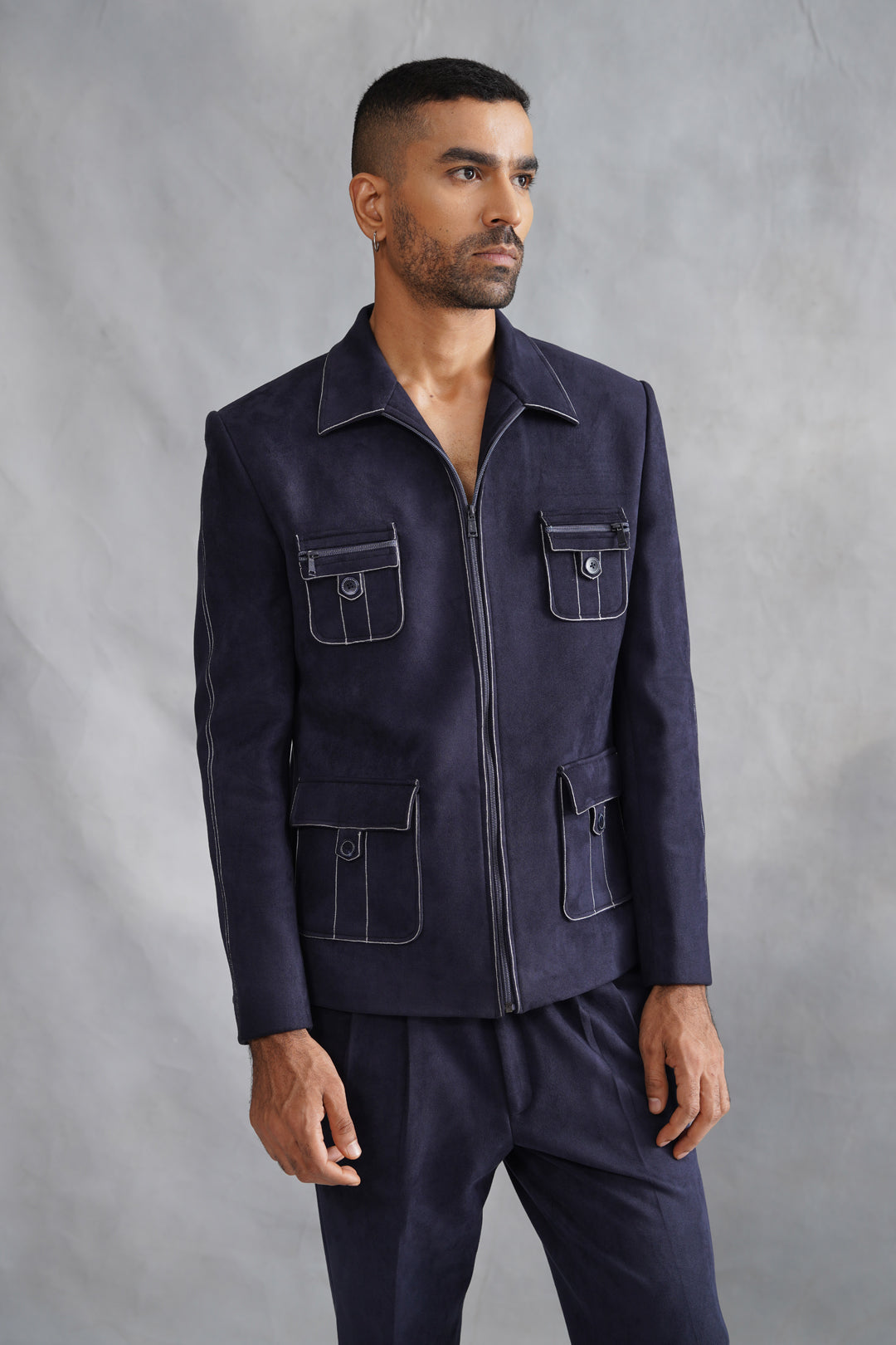 Blue Thread Embroidered Jacket Set