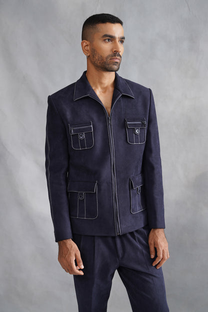 Blue Thread Embroidered Jacket Set