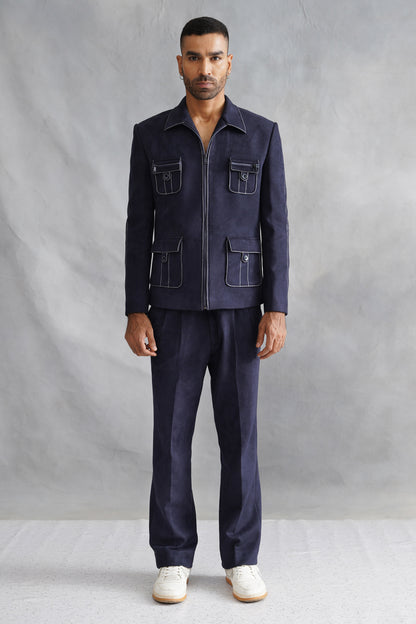 Blue Thread Embroidered Jacket Set