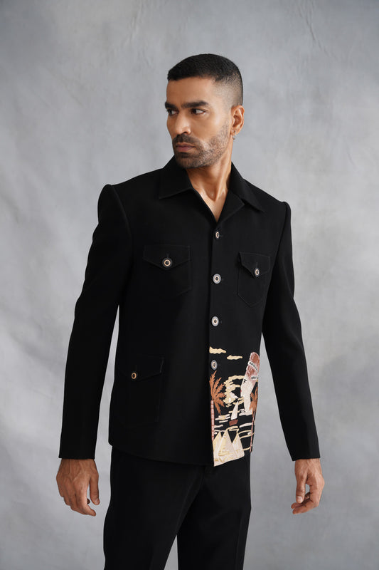 Black Thread Embroidered Jacket Set