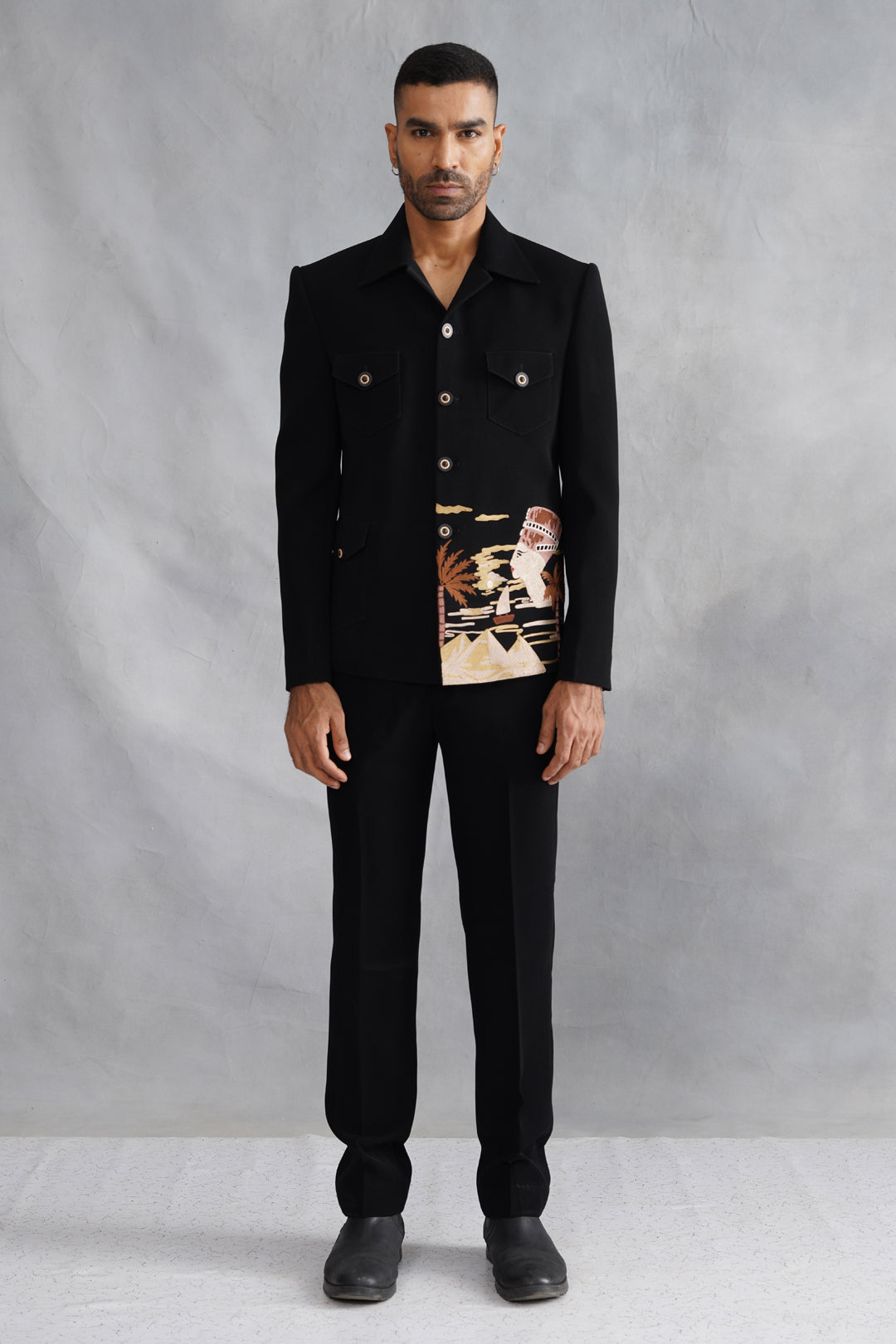 Black Thread Embroidered Jacket Set