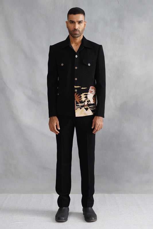 Black Thread Embroidered Jacket Set