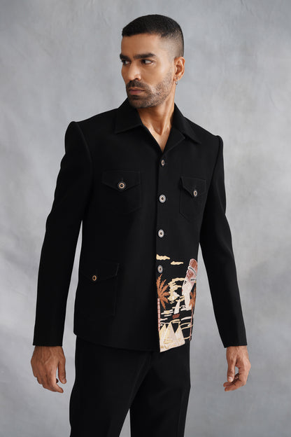 Black Thread Embroidered Jacket Set