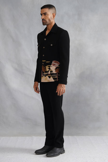Black Thread Embroidered Jacket Set