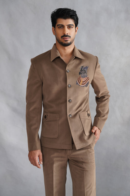 Brown Thread Embroidered Jacket Set