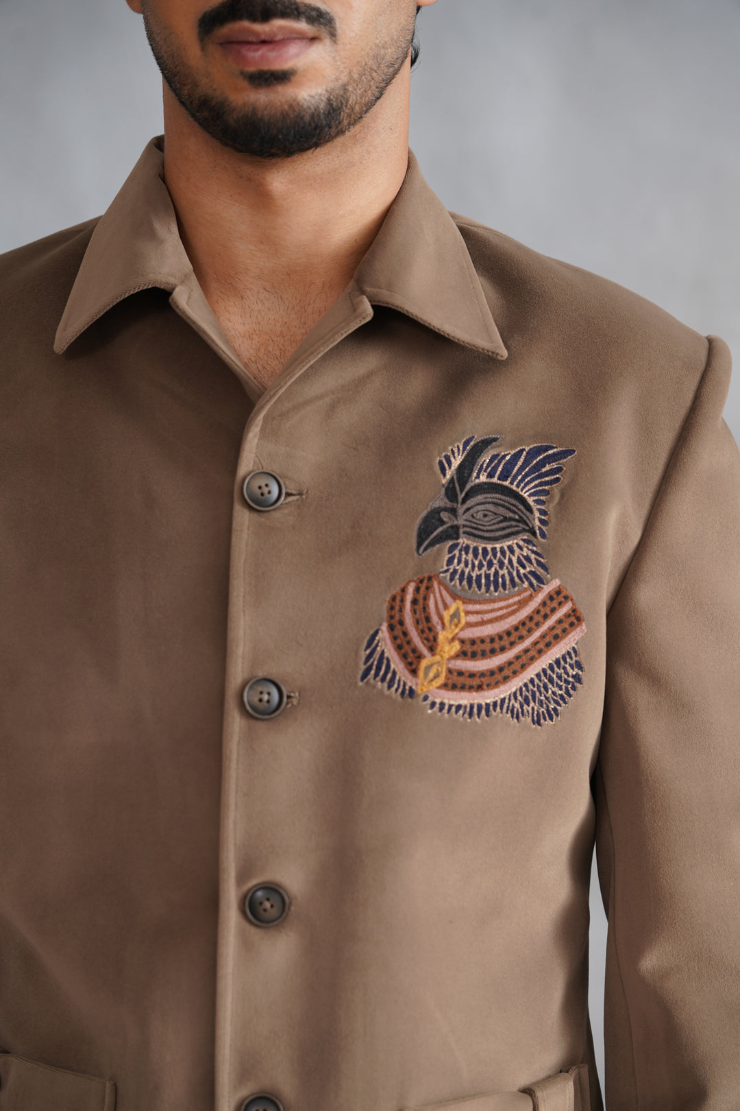 Brown Thread Embroidered Jacket Set