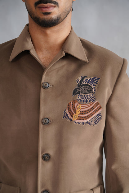Brown Thread Embroidered Jacket Set