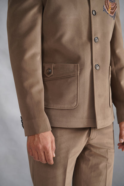 Brown Thread Embroidered Jacket Set