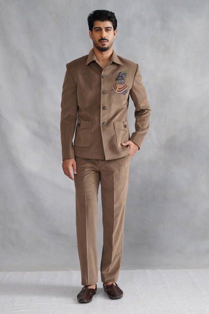 Brown Thread Embroidered Jacket Set