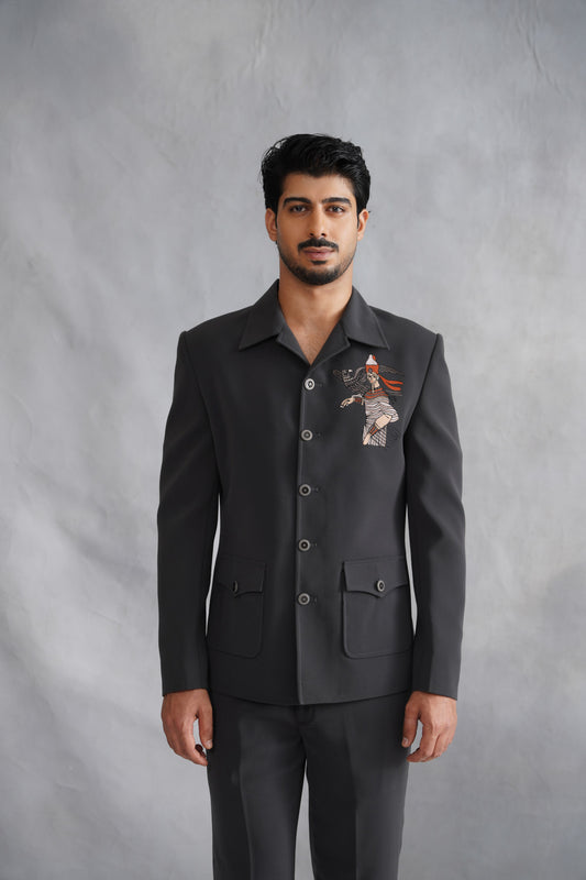 Grey Thread Embroidered Jacket Set