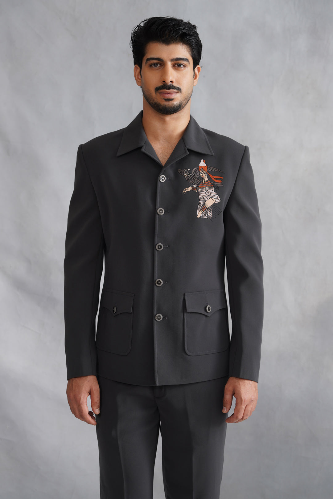 Black Thread Embroidered Jacket Set