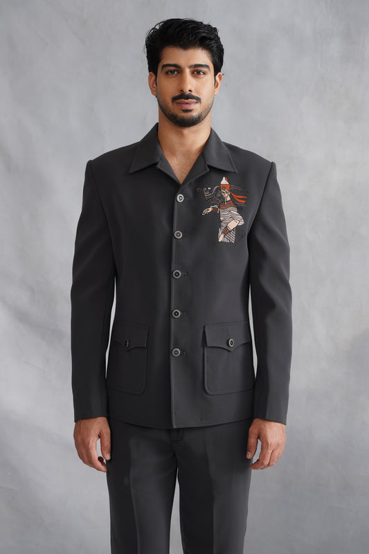 Black Thread Embroidered Jacket Set