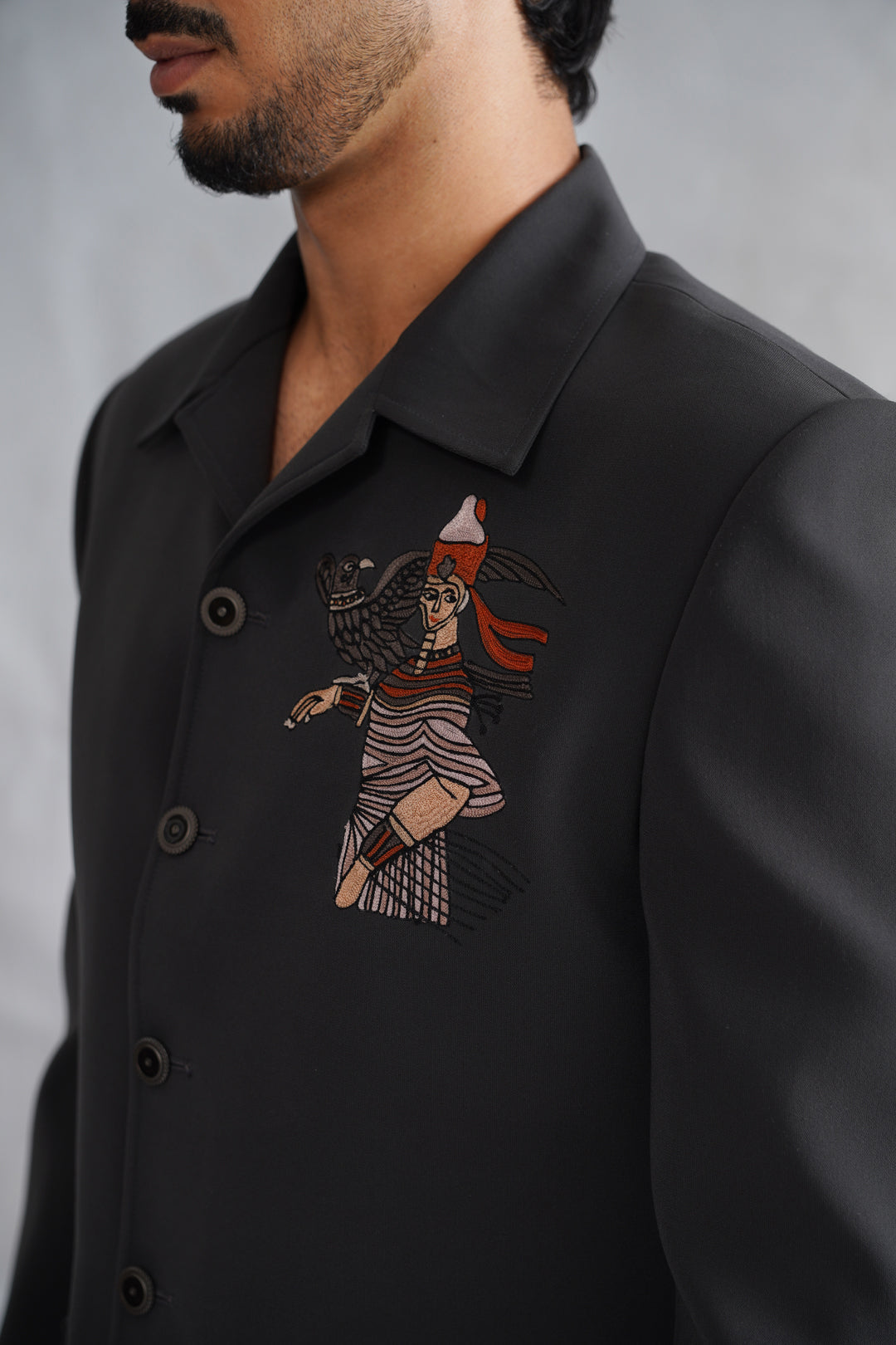 Black Thread Embroidered Jacket Set