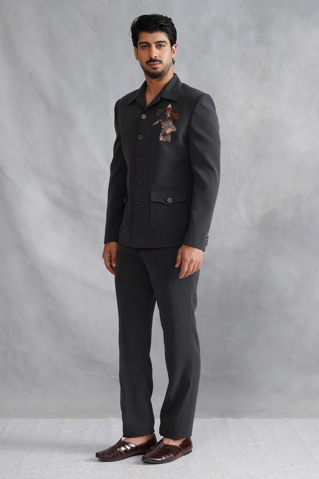 Black Thread Embroidered Jacket Set