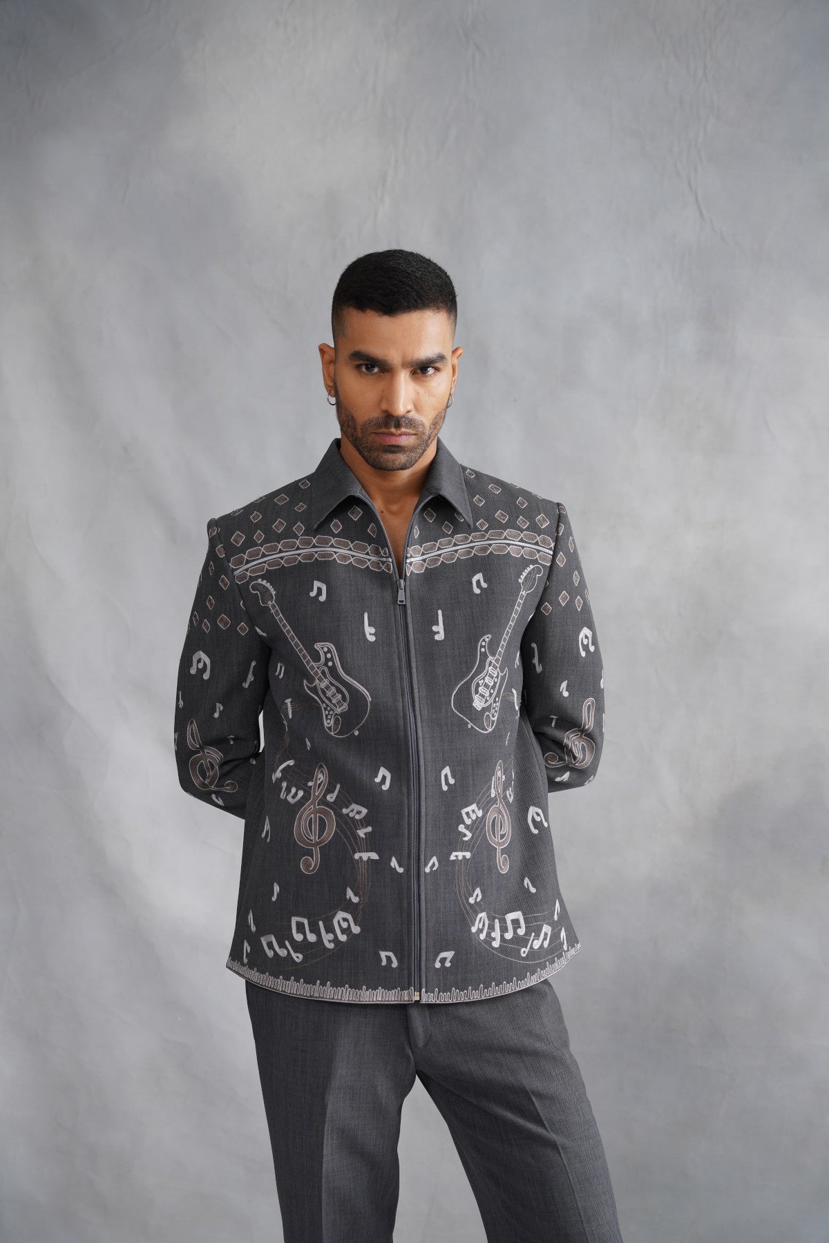 Grey Zip-Up Jacket Set with Musical Motif Embroidery