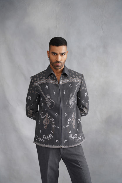 Grey Zip-Up Jacket Set with Musical Motif Embroidery