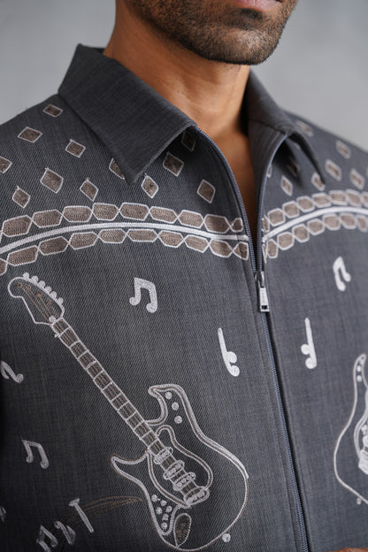 Grey Zip-Up Jacket Set with Musical Motif Embroidery