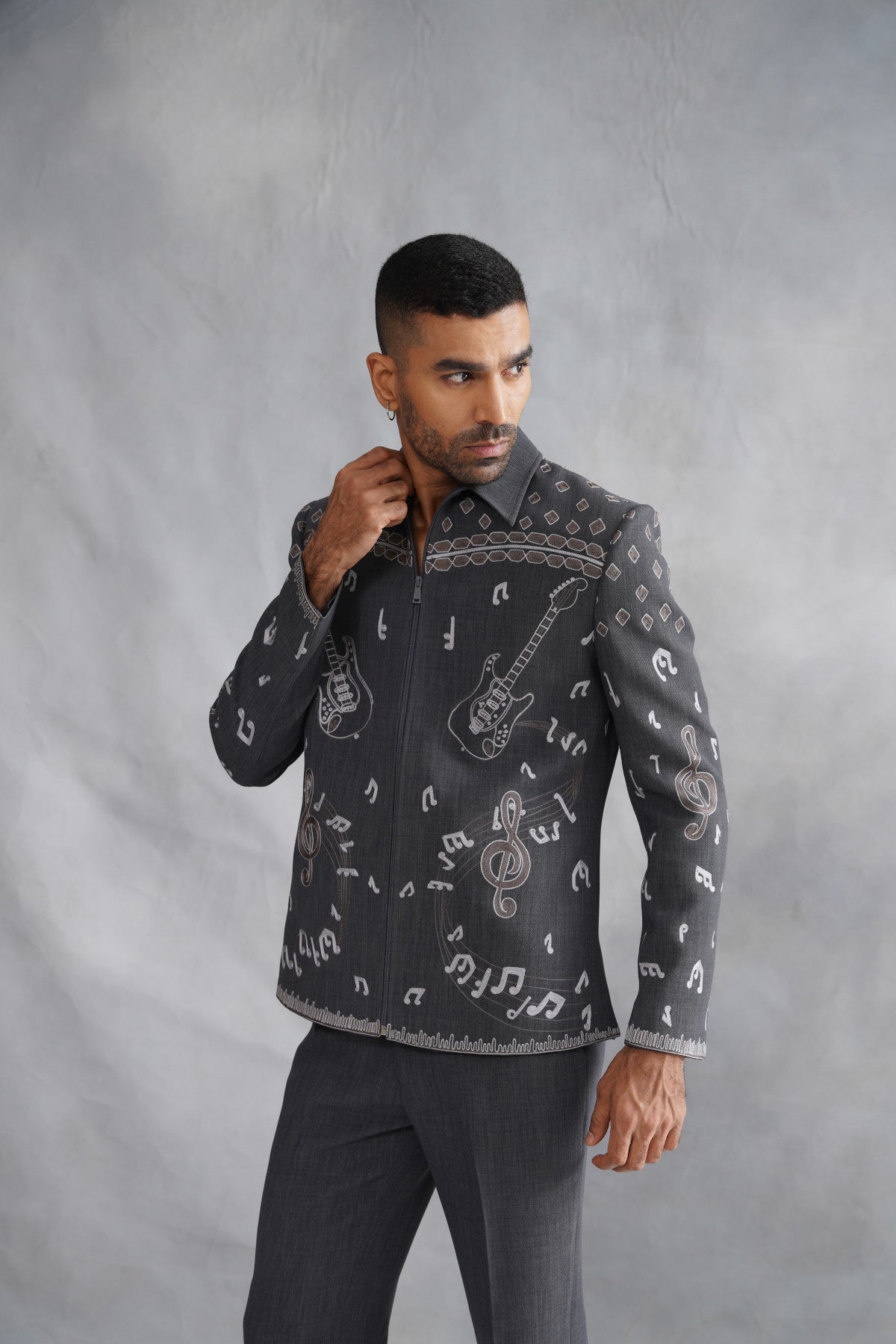 Grey Zip-Up Jacket Set with Musical Motif Embroidery