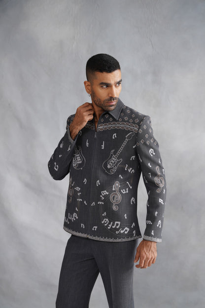 Grey Zip-Up Jacket Set with Musical Motif Embroidery