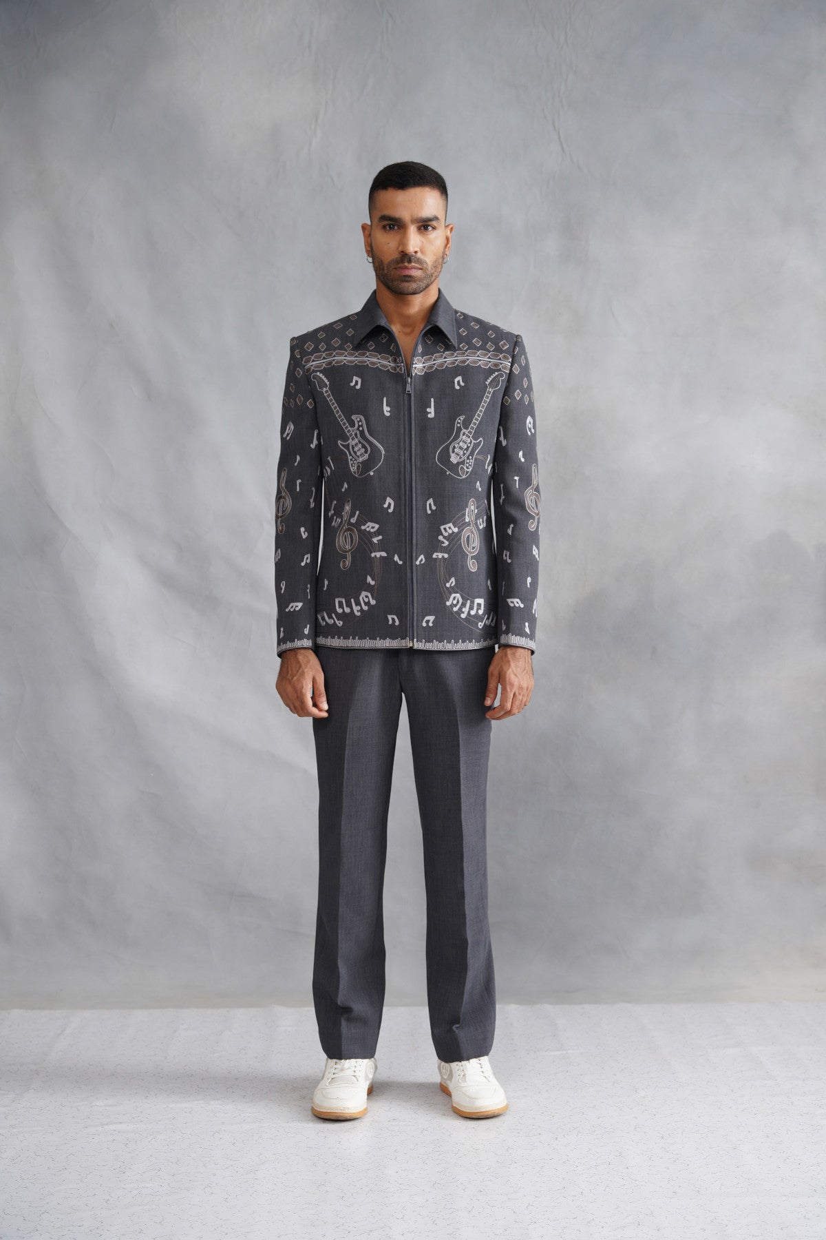 Grey Zip-Up Jacket Set with Musical Motif Embroidery