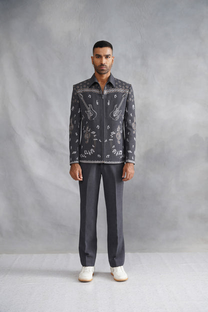 Grey Zip-Up Jacket Set with Musical Motif Embroidery