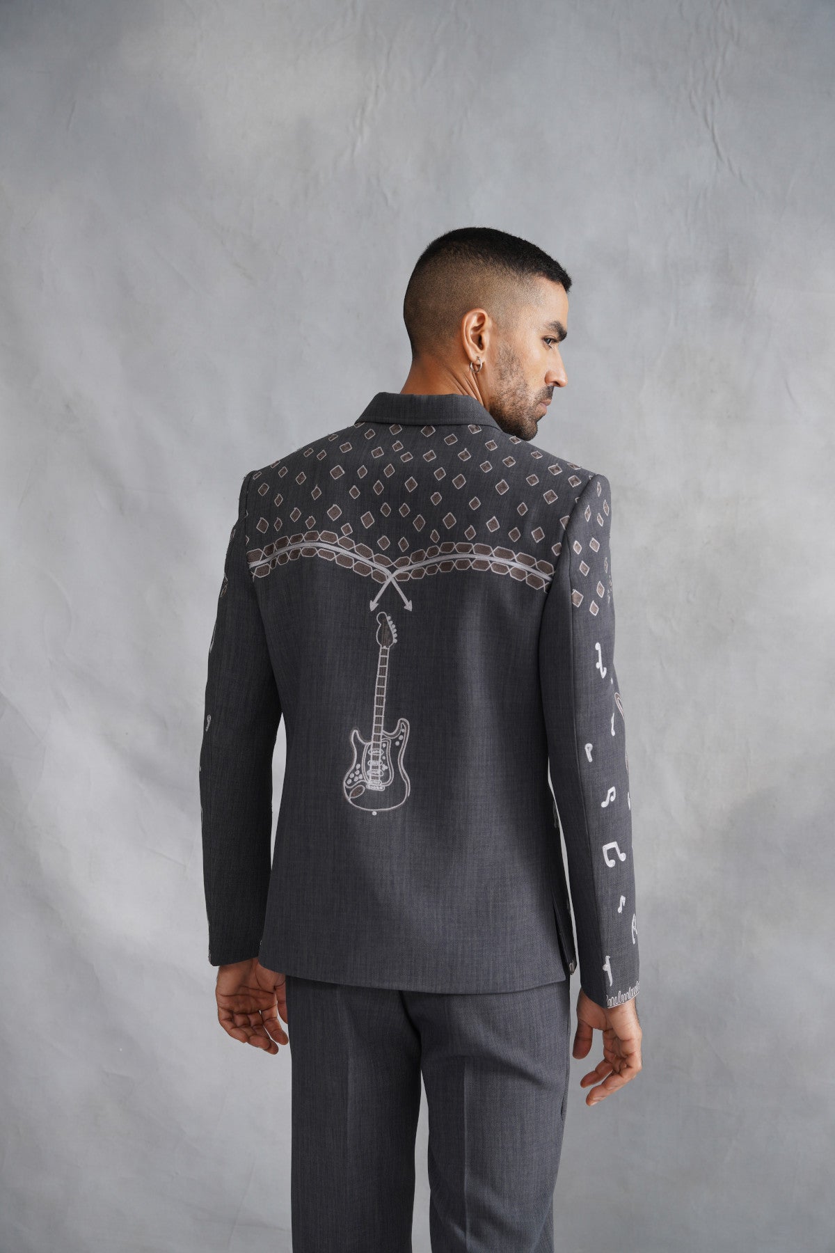 Grey Zip-Up Jacket Set with Musical Motif Embroidery