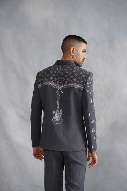 Grey Zip-Up Jacket Set with Musical Motif Embroidery