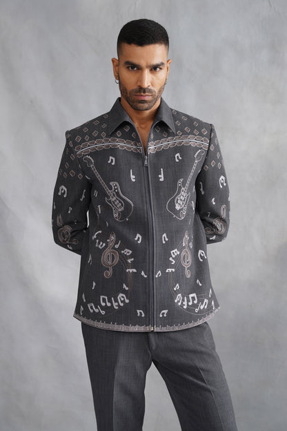 Grey Thread Embroidered Jacket Set