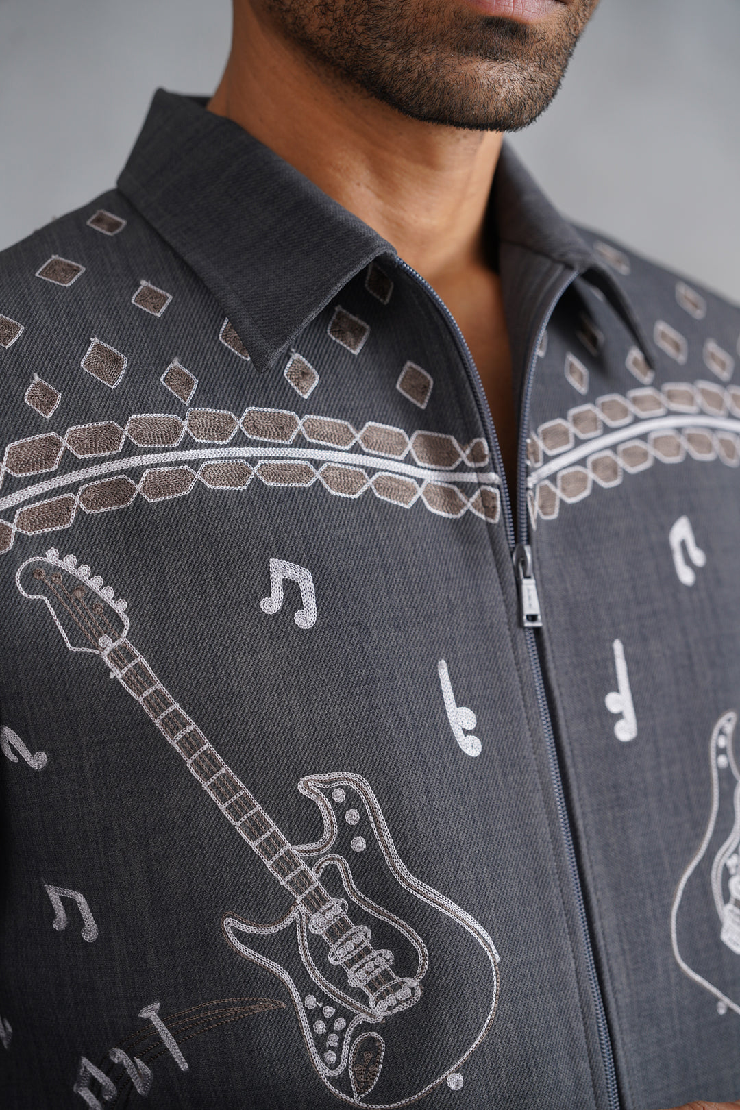 Grey Thread Embroidered Jacket Set