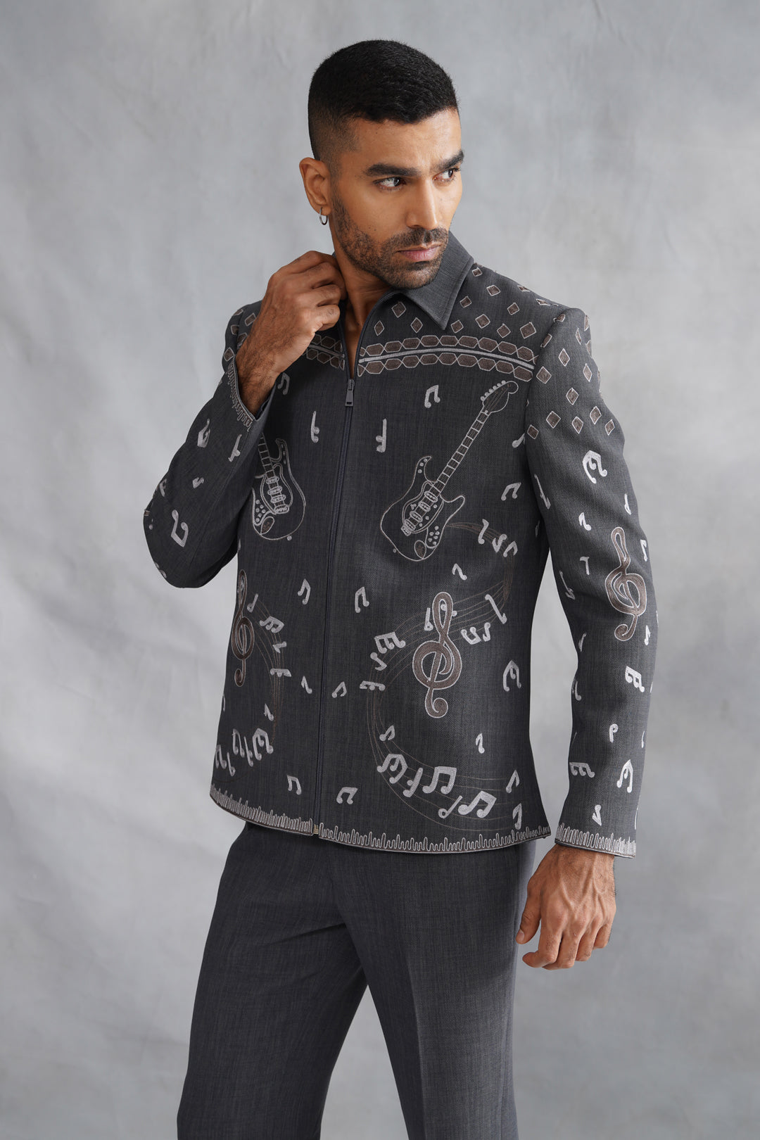 Grey Thread Embroidered Jacket Set