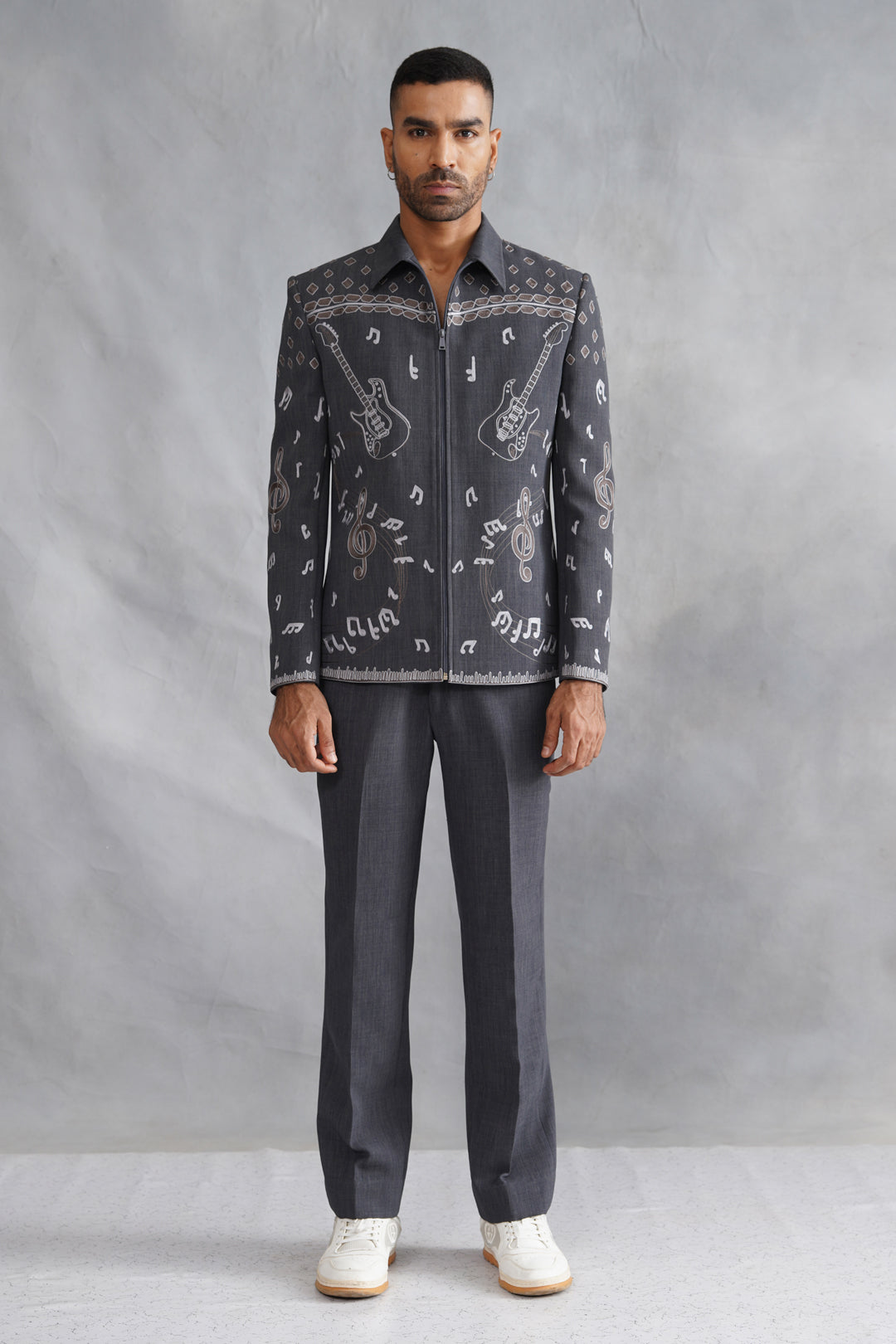 Grey Thread Embroidered Jacket Set