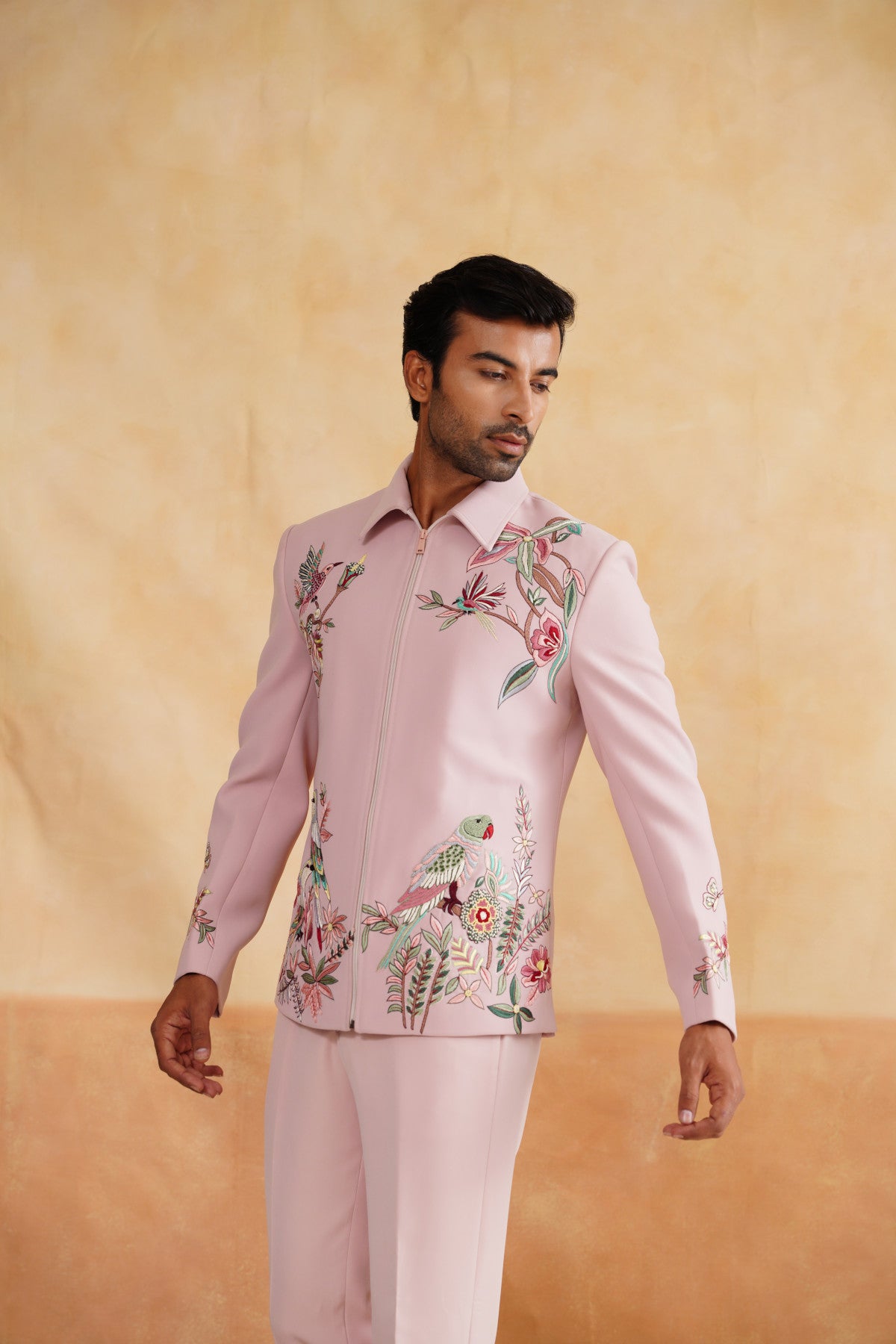 Pink Zip-Up Jacket with Floral & Avian Embroidery
