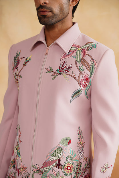 Pink Zip-Up Jacket with Floral & Avian Embroidery