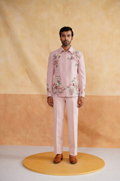 Pink Zip-Up Jacket with Floral & Avian Embroidery